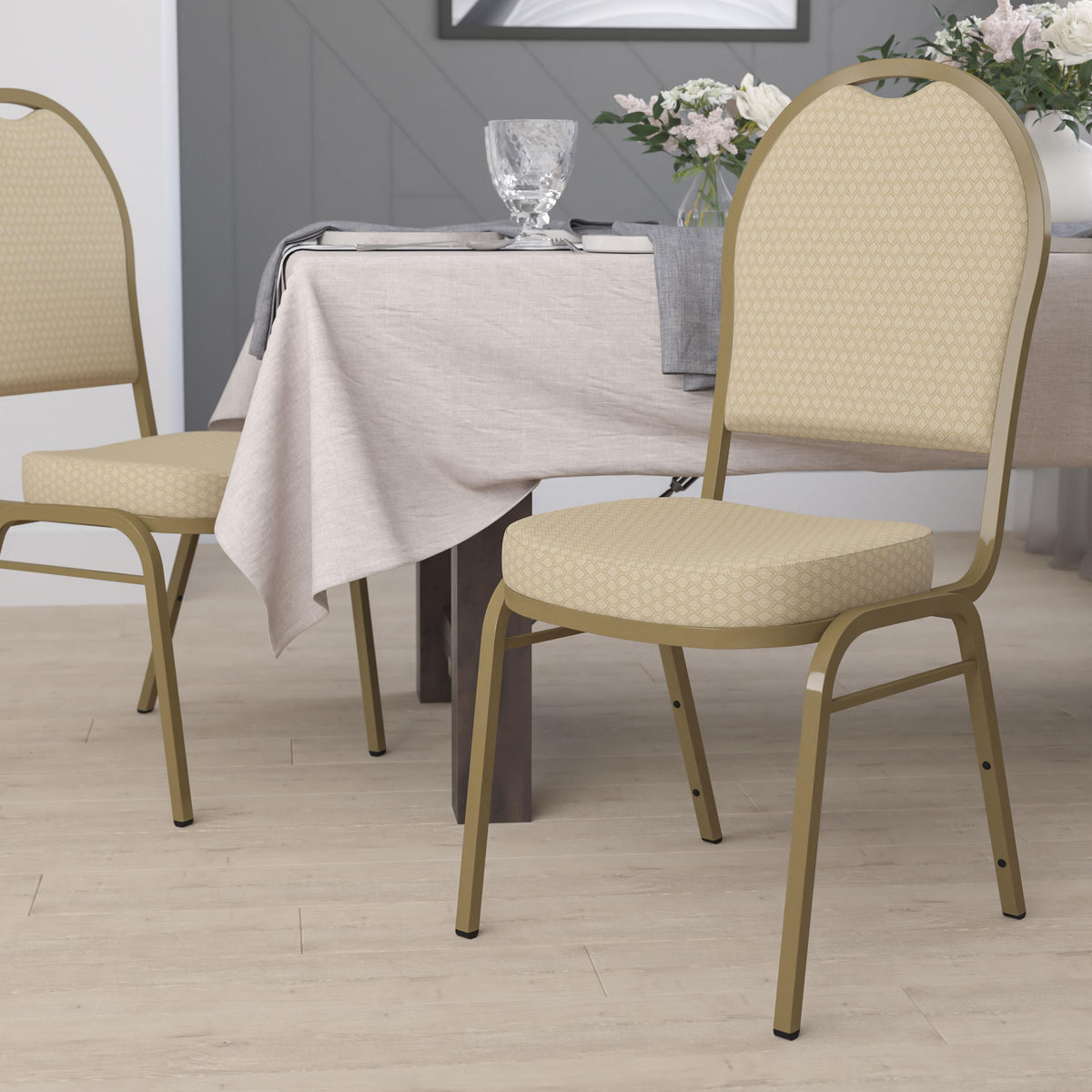 Beige Patterned Fabric/Gold Frame |#| Dome Back Stacking Banquet Chair in Beige Patterned Fabric - Gold Frame