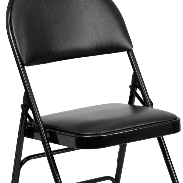 Black Vinyl/Black Frame |#| Ultra-Premium Triple Braced Black Vinyl Folding Chair with Easy-Carry Handle