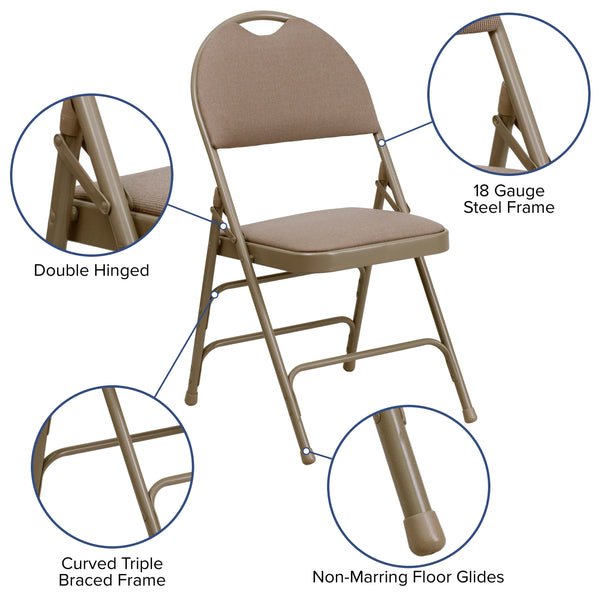 Beige Fabric/Beige Frame |#| Ultra-Premium Triple Braced Beige Fabric Folding Chair with Easy-Carry Handle