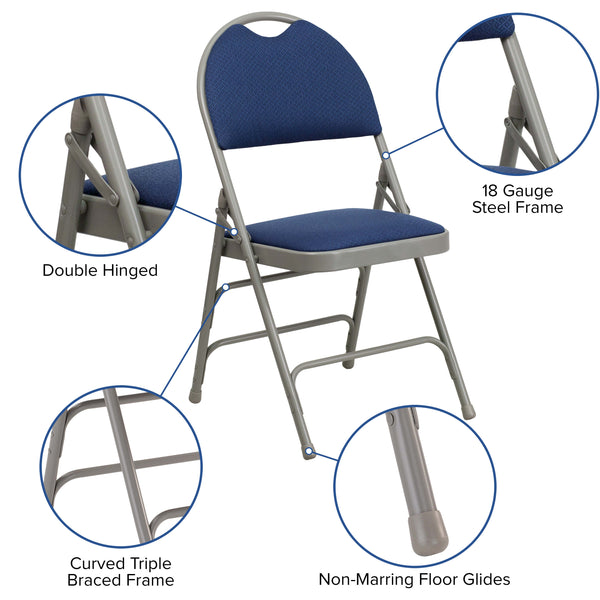 Navy Fabric/Gray Frame |#| Ultra-Premium Triple Braced Navy Fabric Folding Chair with Easy-Carry Handle
