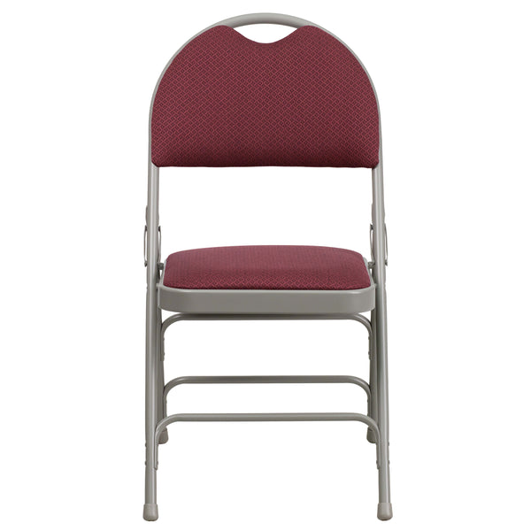 Burgundy Fabric/Gray Frame |#| Ultra-Premium Triple Braced Burgundy Fabric Folding Chair with Easy-Carry Handle