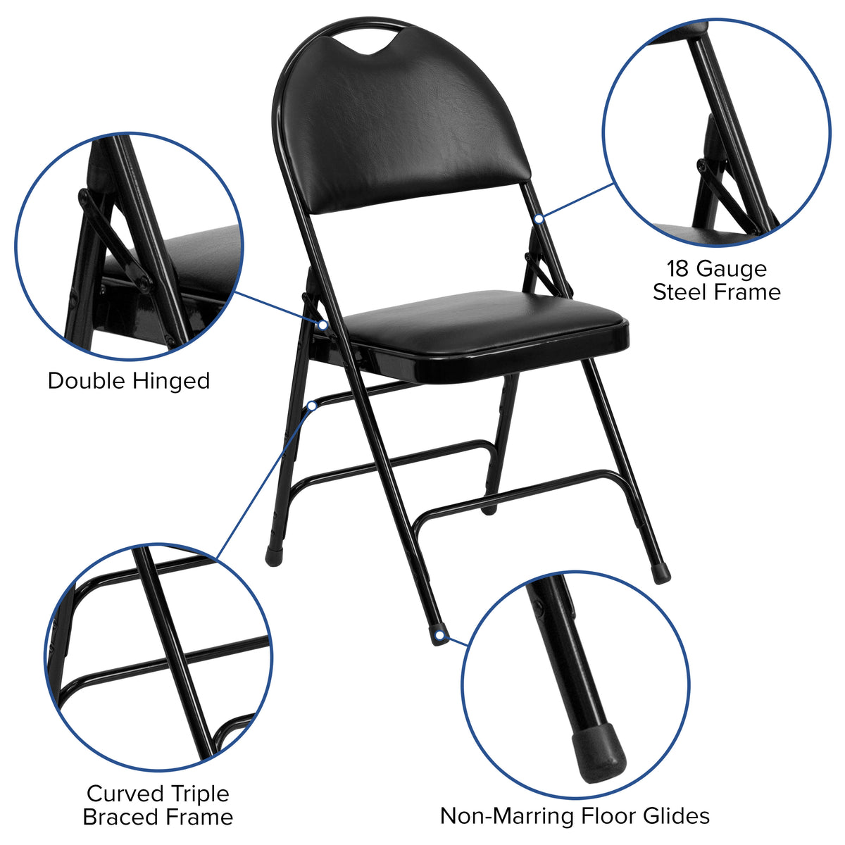 Black Vinyl/Black Frame |#| Ultra-Premium Triple Braced Black Vinyl Folding Chair with Easy-Carry Handle