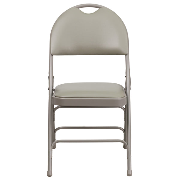 Beige Vinyl/Beige Frame |#| Ultra-Premium Triple Braced Beige Vinyl Folding Chair with Easy-Carry Handle