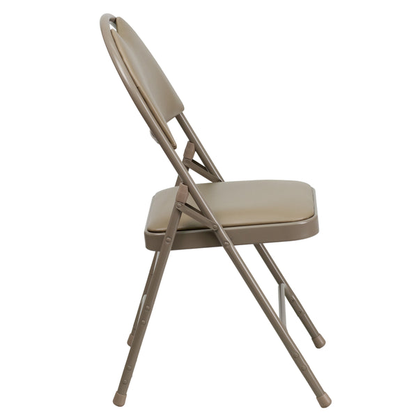 Beige Vinyl/Beige Frame |#| Ultra-Premium Triple Braced Beige Vinyl Folding Chair with Easy-Carry Handle