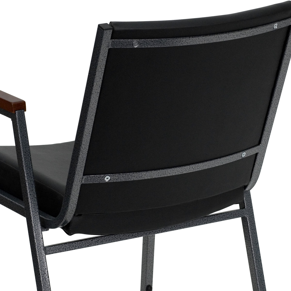 Black Vinyl |#| Heavy Duty Black Vinyl Stack Chair with Arms - Reception Furniture