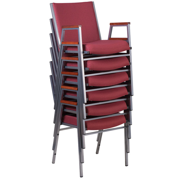Burgundy Patterned Fabric |#| Heavy Duty Burgundy Patterned Fabric Stack Chair with Arms - Reception Furniture