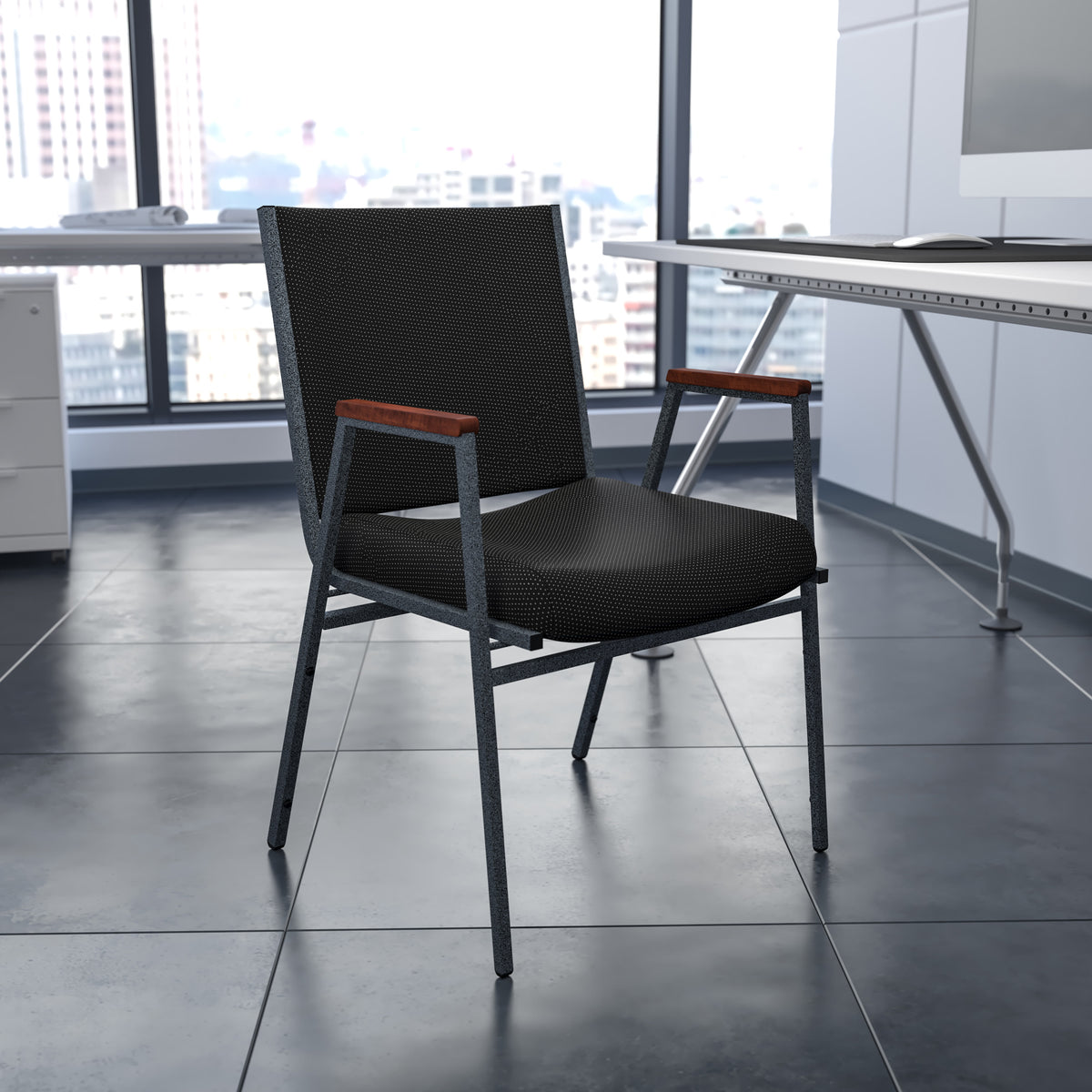 Black Patterned Fabric |#| Heavy Duty Black Dot Fabric Stack Chair with Arms - Reception Furniture