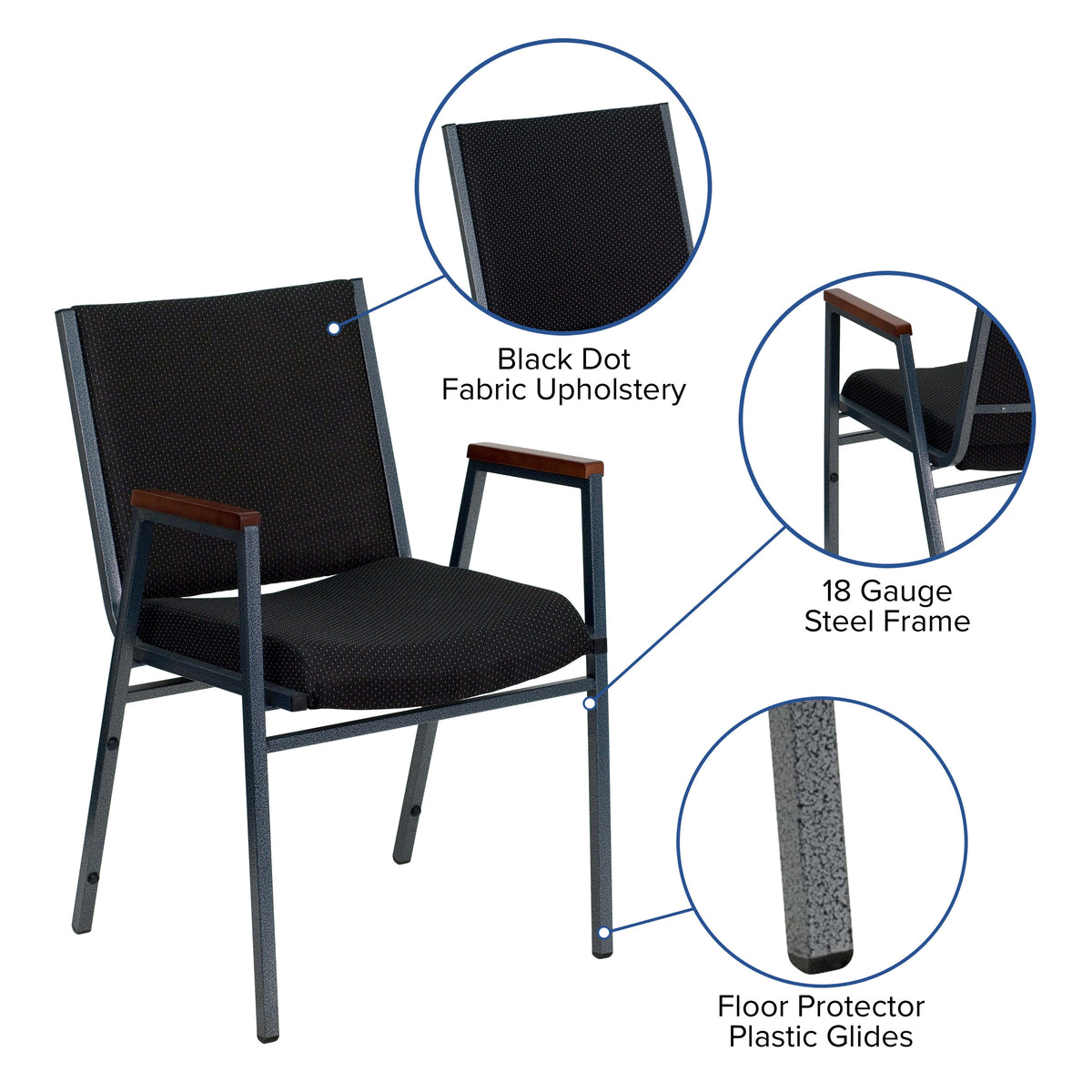 Black Patterned Fabric |#| Heavy Duty Black Dot Fabric Stack Chair with Arms - Reception Furniture