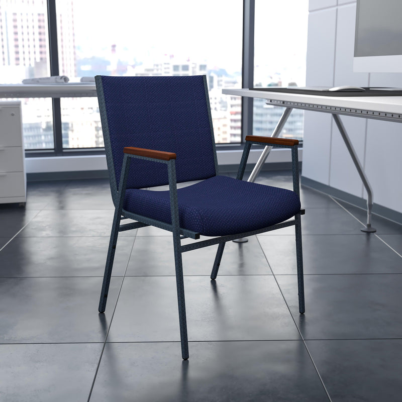 Navy Patterned Fabric |#| Heavy Duty Navy Blue Dot Fabric Stack Chair with Arms - Reception Furniture