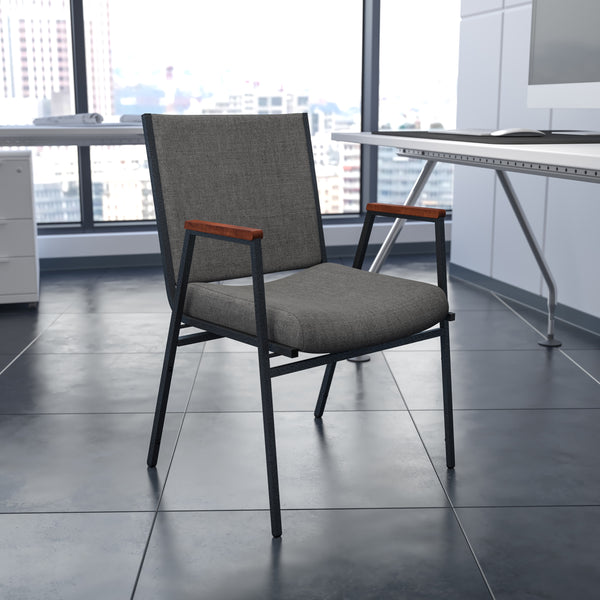 Gray Fabric |#| Heavy Duty Gray Fabric Stack Chair with Arms - Reception Furniture