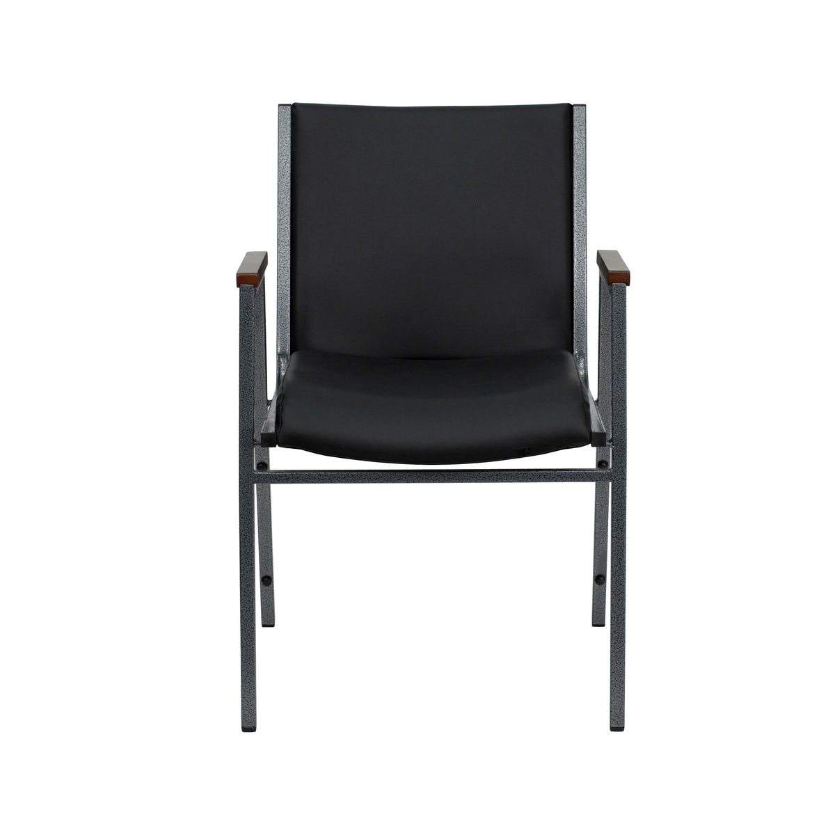 Black Vinyl |#| Heavy Duty Black Vinyl Stack Chair with Arms - Reception Furniture