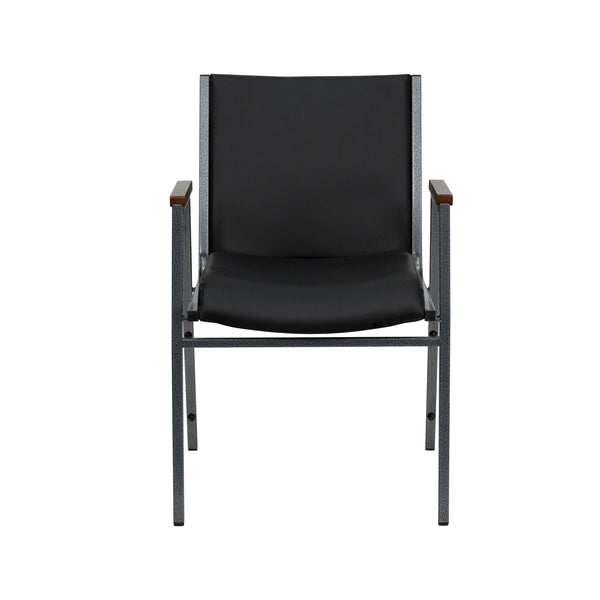 Black Vinyl |#| Heavy Duty Black Vinyl Stack Chair with Arms - Reception Furniture