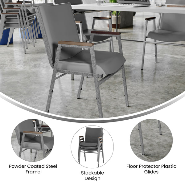 Gray Vinyl |#| Heavy Duty Gray Vinyl Stack Chair with Arms - Reception Furniture