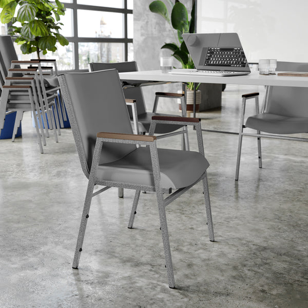 Gray Vinyl |#| Heavy Duty Gray Vinyl Stack Chair with Arms - Reception Furniture