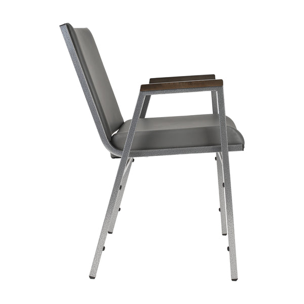 Gray Vinyl |#| Heavy Duty Gray Vinyl Stack Chair with Arms - Reception Furniture