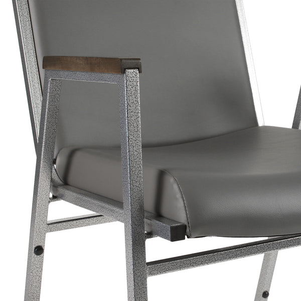 Gray Vinyl |#| Heavy Duty Gray Vinyl Stack Chair with Arms - Reception Furniture
