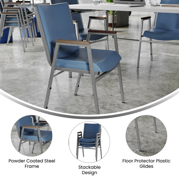 Navy Vinyl |#| Heavy Duty Navy Vinyl Stack Chair with Arms - Reception Furniture