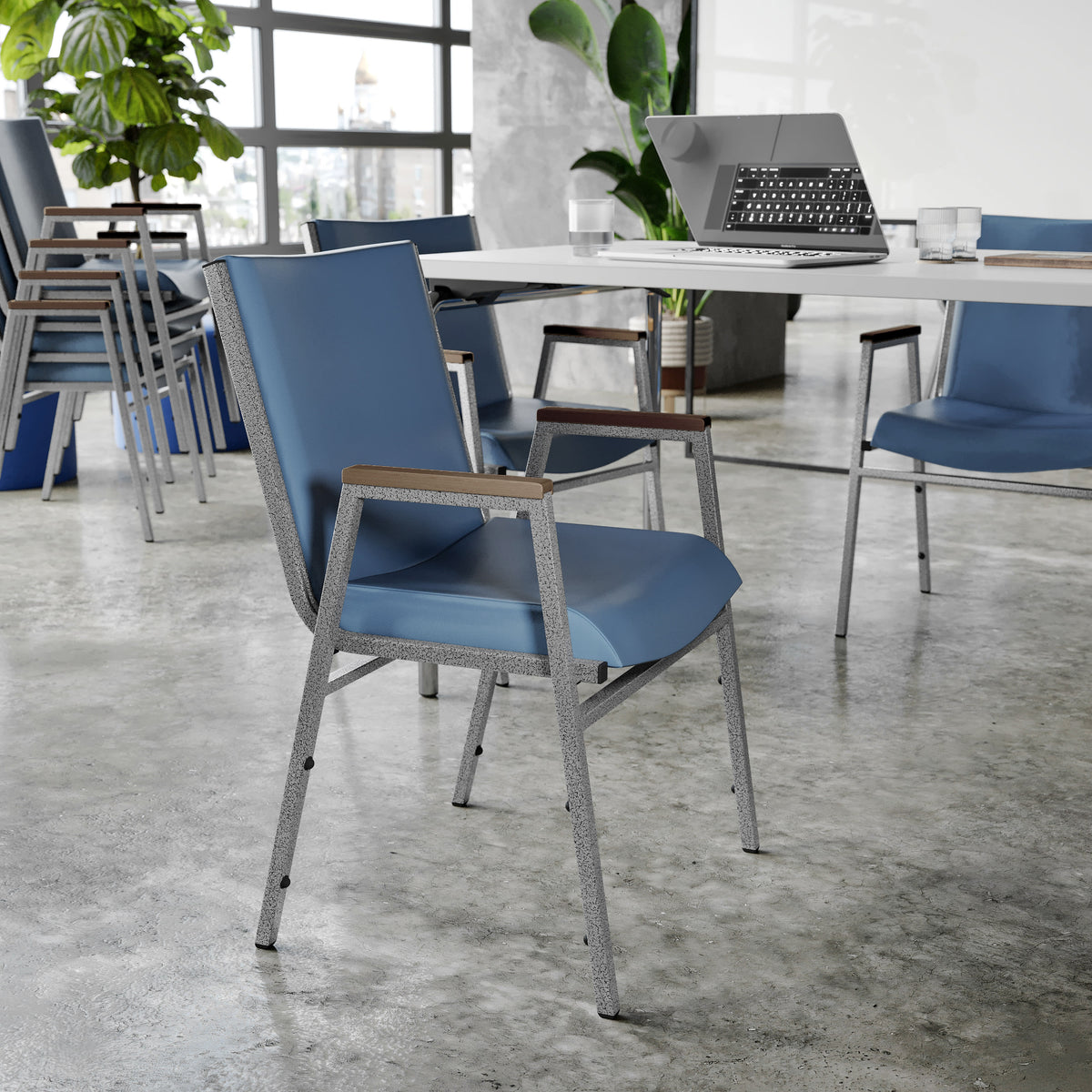 Navy Vinyl |#| Heavy Duty Navy Vinyl Stack Chair with Arms - Reception Furniture