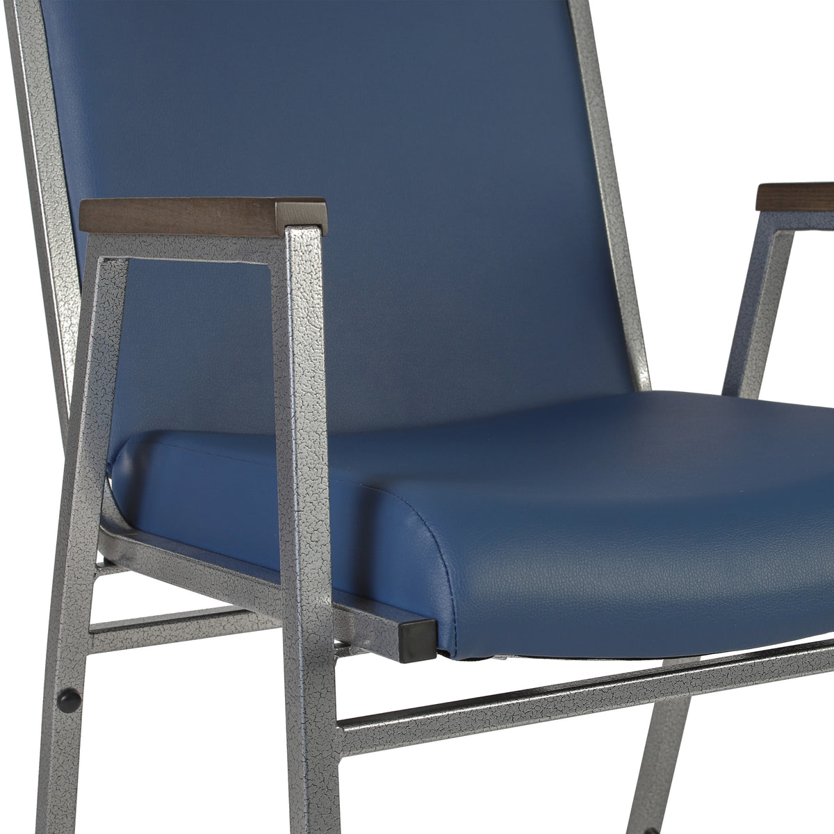 Navy Vinyl |#| Heavy Duty Navy Vinyl Stack Chair with Arms - Reception Furniture