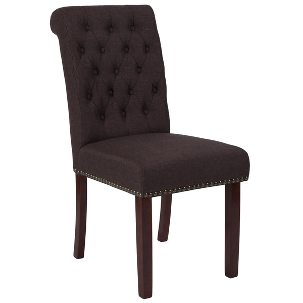 Brown Fabric |#| Brown Fabric Parsons Chair with Rolled Back, Accent Nail Trim and Walnut Finish