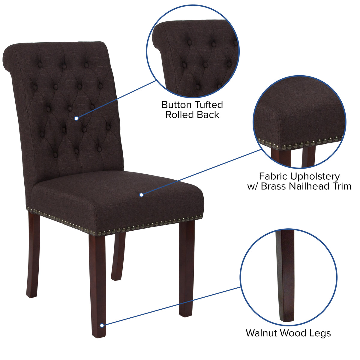 Brown Fabric |#| Brown Fabric Parsons Chair with Rolled Back, Accent Nail Trim and Walnut Finish