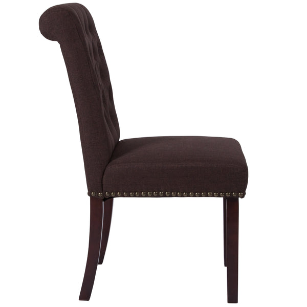 Brown Fabric |#| Brown Fabric Parsons Chair with Rolled Back, Accent Nail Trim and Walnut Finish