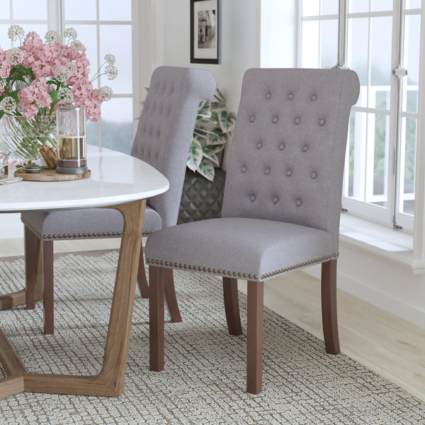 Light Gray Fabric |#| Lt Gray Fabric Parsons Chair with Rolled Back, Accent Nail Trim & Walnut Finish