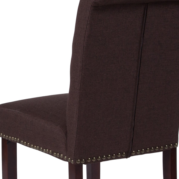 Brown Fabric |#| Brown Fabric Parsons Chair with Rolled Back, Accent Nail Trim and Walnut Finish