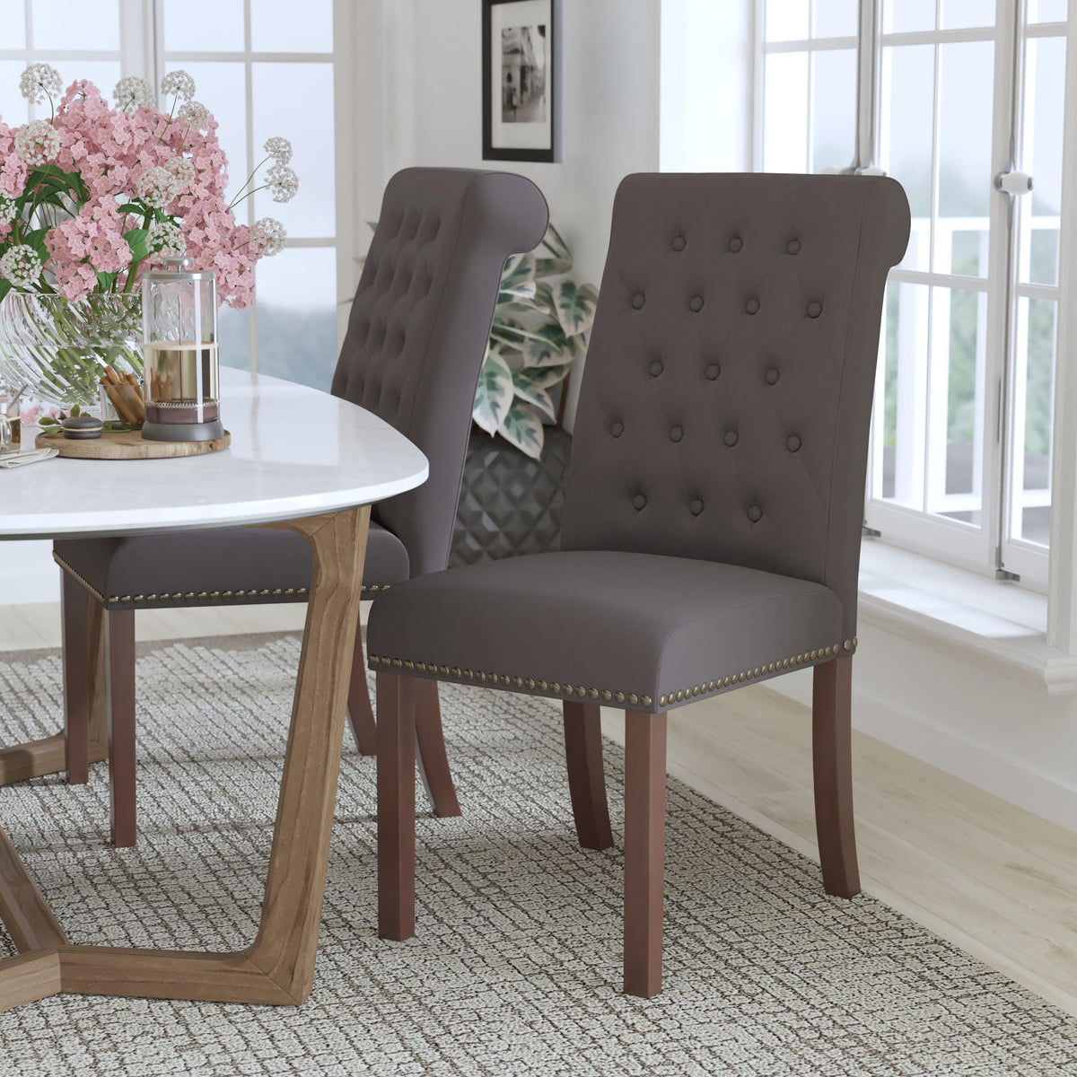 Dark Gray Fabric |#| Dk Gray Fabric Parsons Chair with Rolled Back, Accent Nail Trim & Walnut Finish