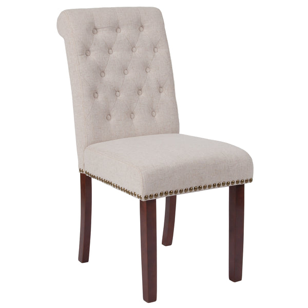 Beige Fabric |#| Beige Fabric Parsons Chair with Rolled Back, Accent Nail Trim and Walnut Finish