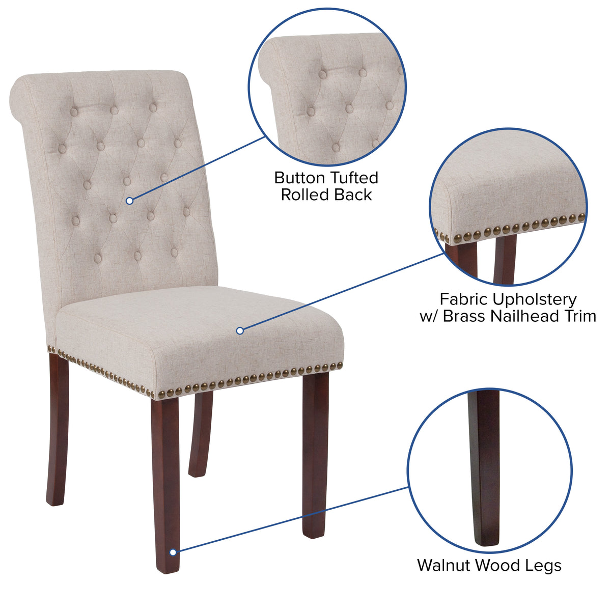 Beige Fabric |#| Beige Fabric Parsons Chair with Rolled Back, Accent Nail Trim and Walnut Finish