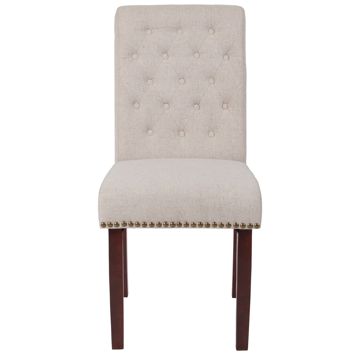 Beige Fabric |#| Beige Fabric Parsons Chair with Rolled Back, Accent Nail Trim and Walnut Finish