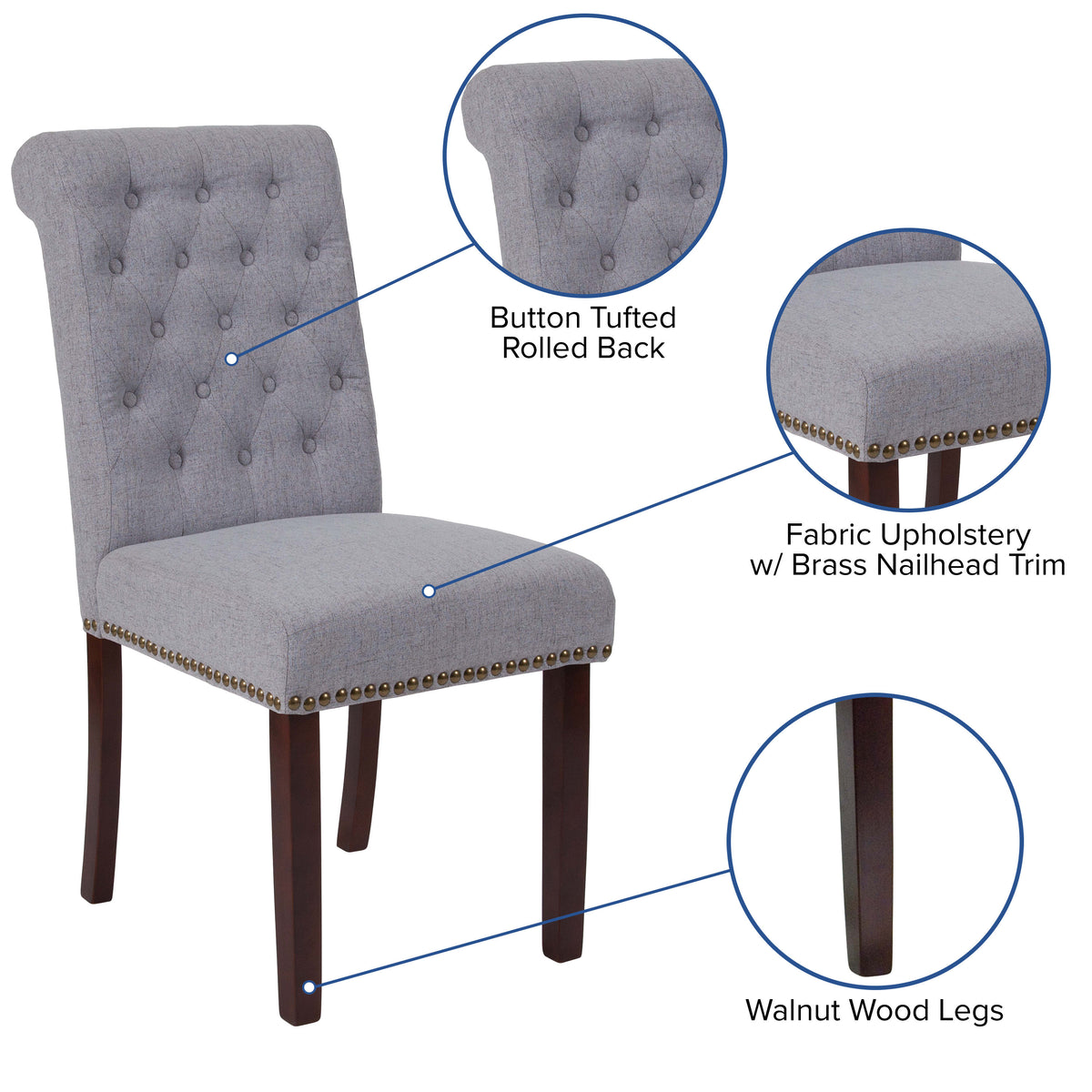 Light Gray Fabric |#| Lt Gray Fabric Parsons Chair with Rolled Back, Accent Nail Trim & Walnut Finish