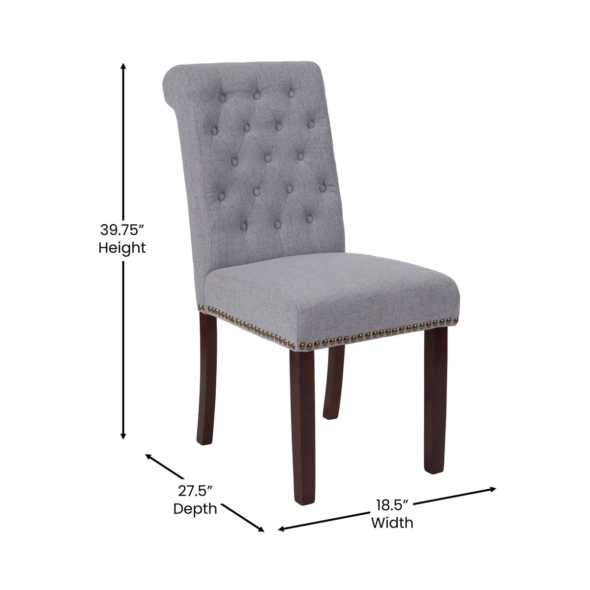 Light Gray Fabric |#| Lt Gray Fabric Parsons Chair with Rolled Back, Accent Nail Trim & Walnut Finish