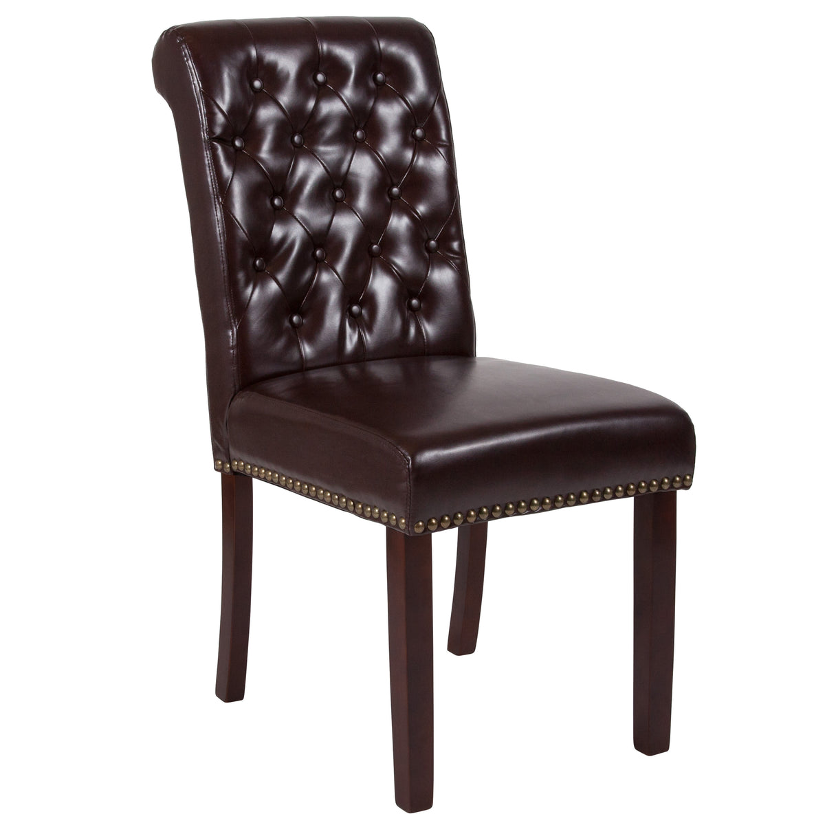 Brown LeatherSoft |#| Brown LeatherSoft Parsons Chair w/Rolled Back, Accent Nail Trim &Walnut Finish