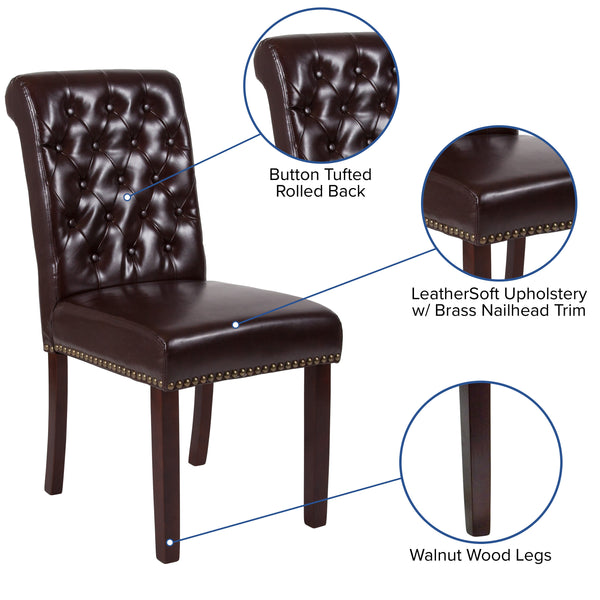 Brown LeatherSoft |#| Brown LeatherSoft Parsons Chair w/Rolled Back, Accent Nail Trim &Walnut Finish