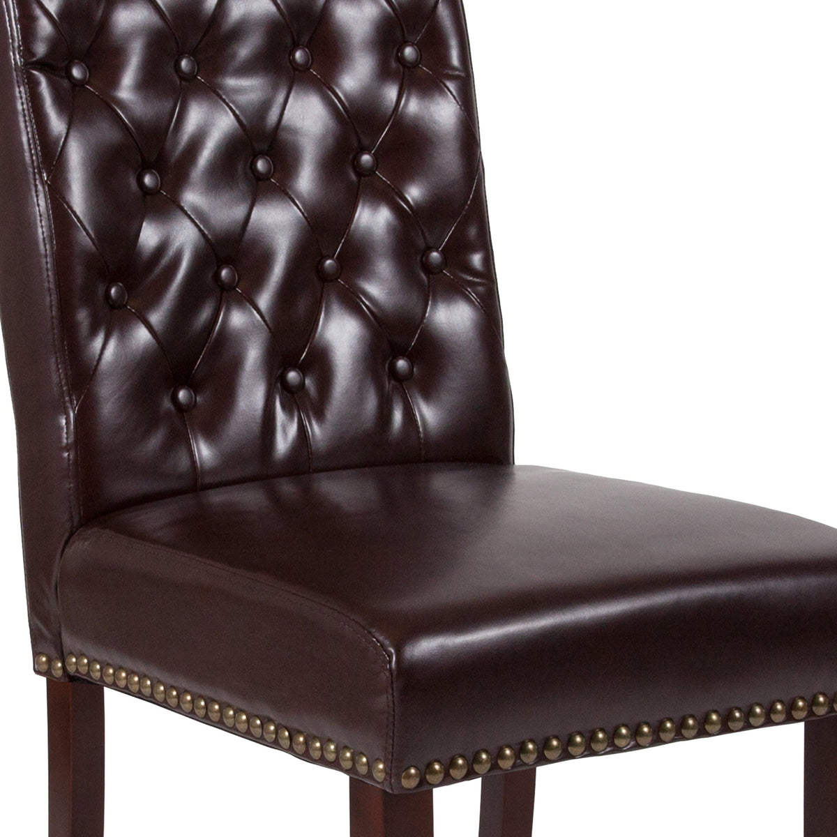 Brown LeatherSoft |#| Brown LeatherSoft Parsons Chair w/Rolled Back, Accent Nail Trim &Walnut Finish