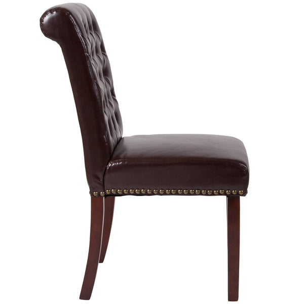 Brown LeatherSoft |#| Brown LeatherSoft Parsons Chair w/Rolled Back, Accent Nail Trim &Walnut Finish