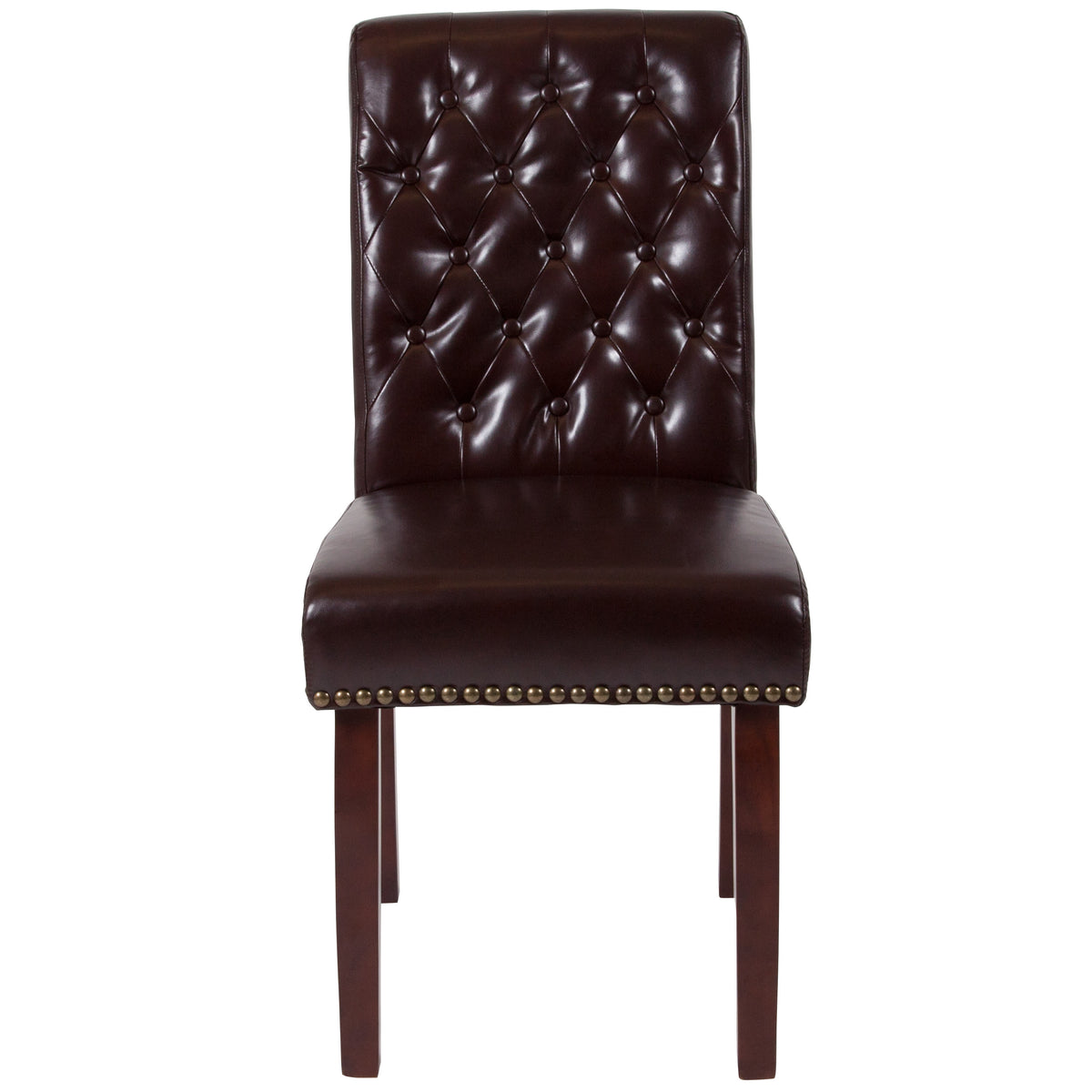 Brown LeatherSoft |#| Brown LeatherSoft Parsons Chair w/Rolled Back, Accent Nail Trim &Walnut Finish