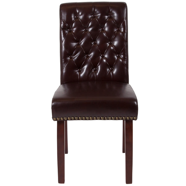 Brown LeatherSoft |#| Brown LeatherSoft Parsons Chair w/Rolled Back, Accent Nail Trim &Walnut Finish