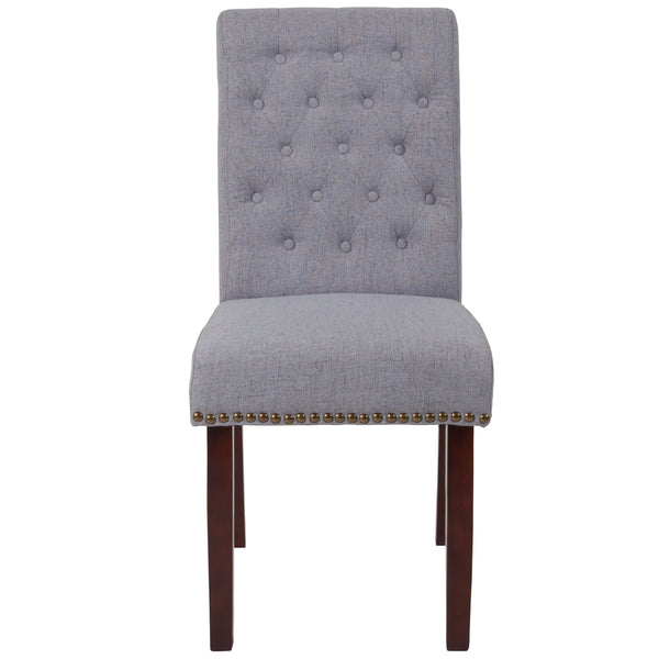 Light Gray Fabric |#| Lt Gray Fabric Parsons Chair with Rolled Back, Accent Nail Trim & Walnut Finish