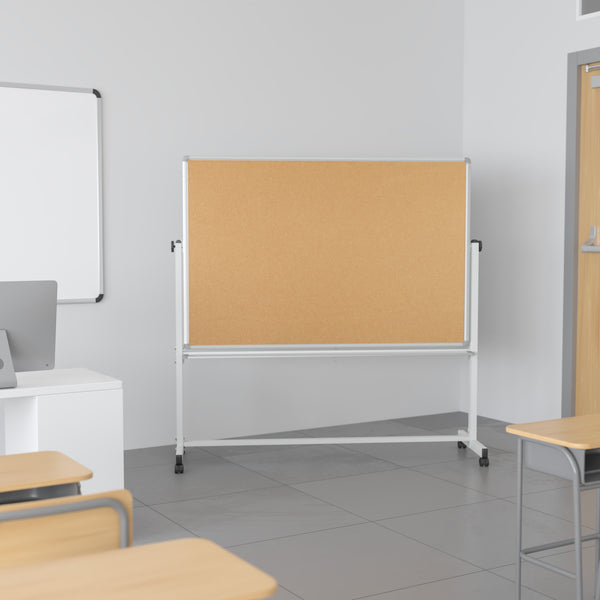 62.5"W x 62.25"H |#| 62.5"W x 62.25"H Reversible Mobile Cork Bulletin & White Board with Pen Tray