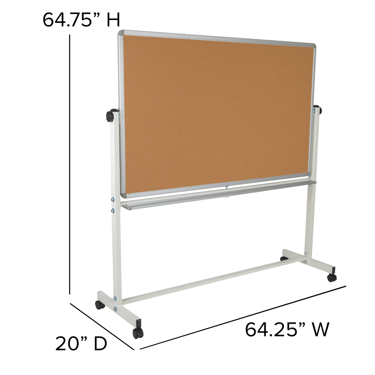 64.25"W x 64.75"H |#| 64.25"W x 64.75"H Reversible Mobile Cork Bulletin & White Board with Pen Tray