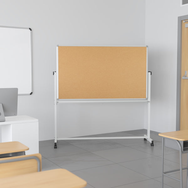 45.25"W x 54.75"H |#| 45.25"W x 54.75"H Reversible Mobile Cork Bulletin & White Board with Pen Tray