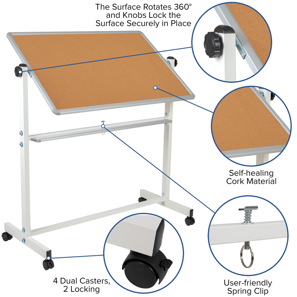 45.25"W x 54.75"H |#| 45.25"W x 54.75"H Reversible Mobile Cork Bulletin & White Board with Pen Tray