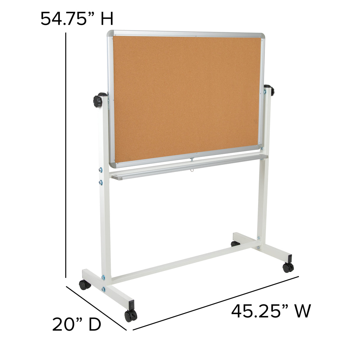 45.25"W x 54.75"H |#| 45.25"W x 54.75"H Reversible Mobile Cork Bulletin & White Board with Pen Tray