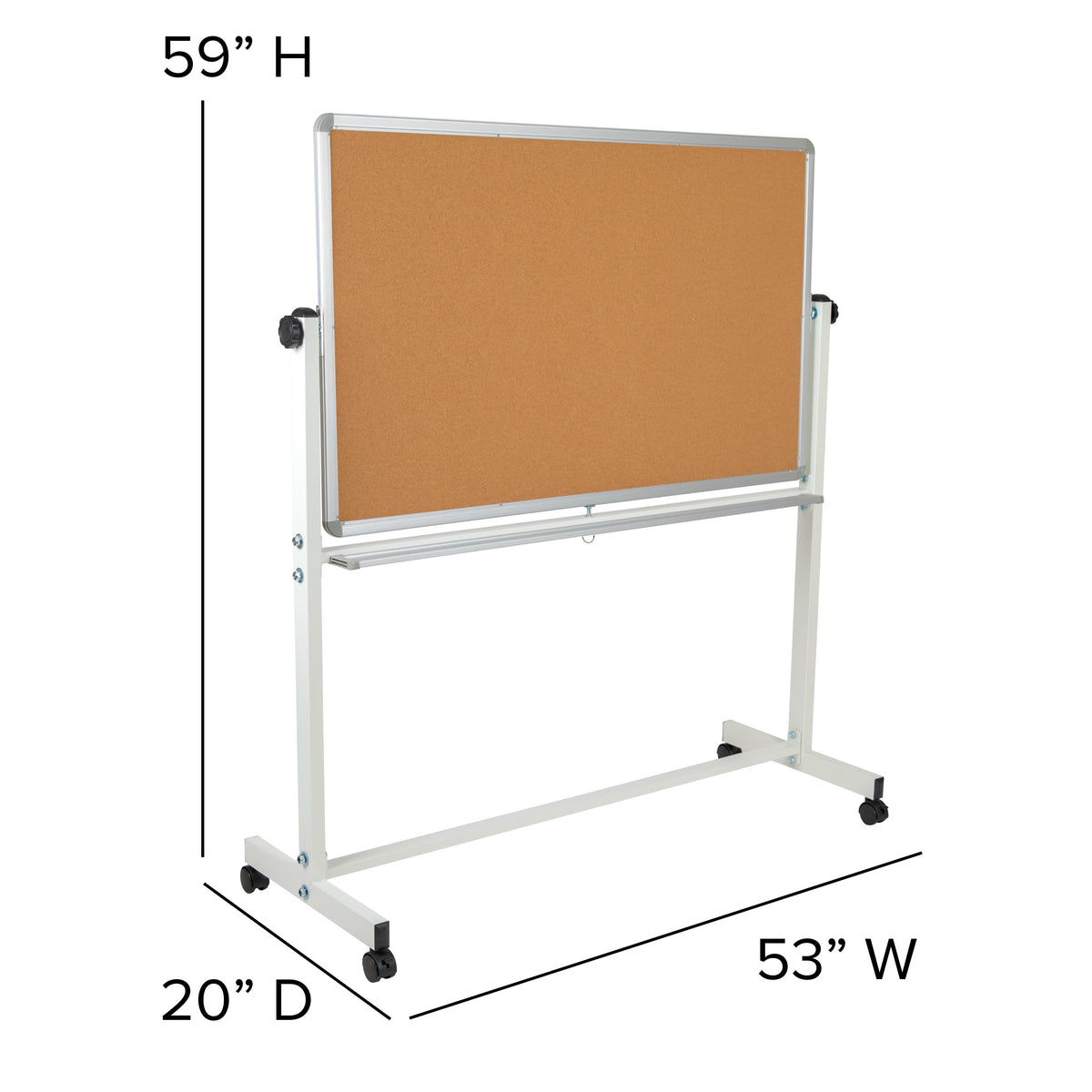 53"W x 59"H |#| 53"W x 59"H Reversible Mobile Cork Bulletin & White Board with Pen Tray