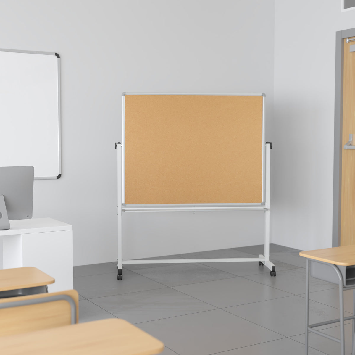 53"W x 62.5"H |#| 53"W x 62.5"H Reversible Mobile Cork Bulletin & White Board with Pen Tray