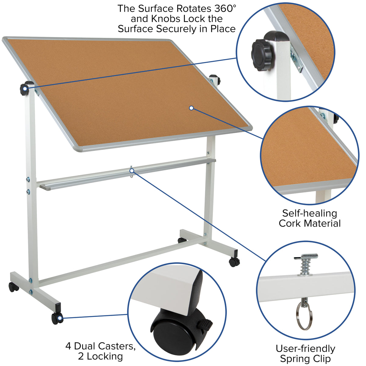 53"W x 62.5"H |#| 53"W x 62.5"H Reversible Mobile Cork Bulletin & White Board with Pen Tray