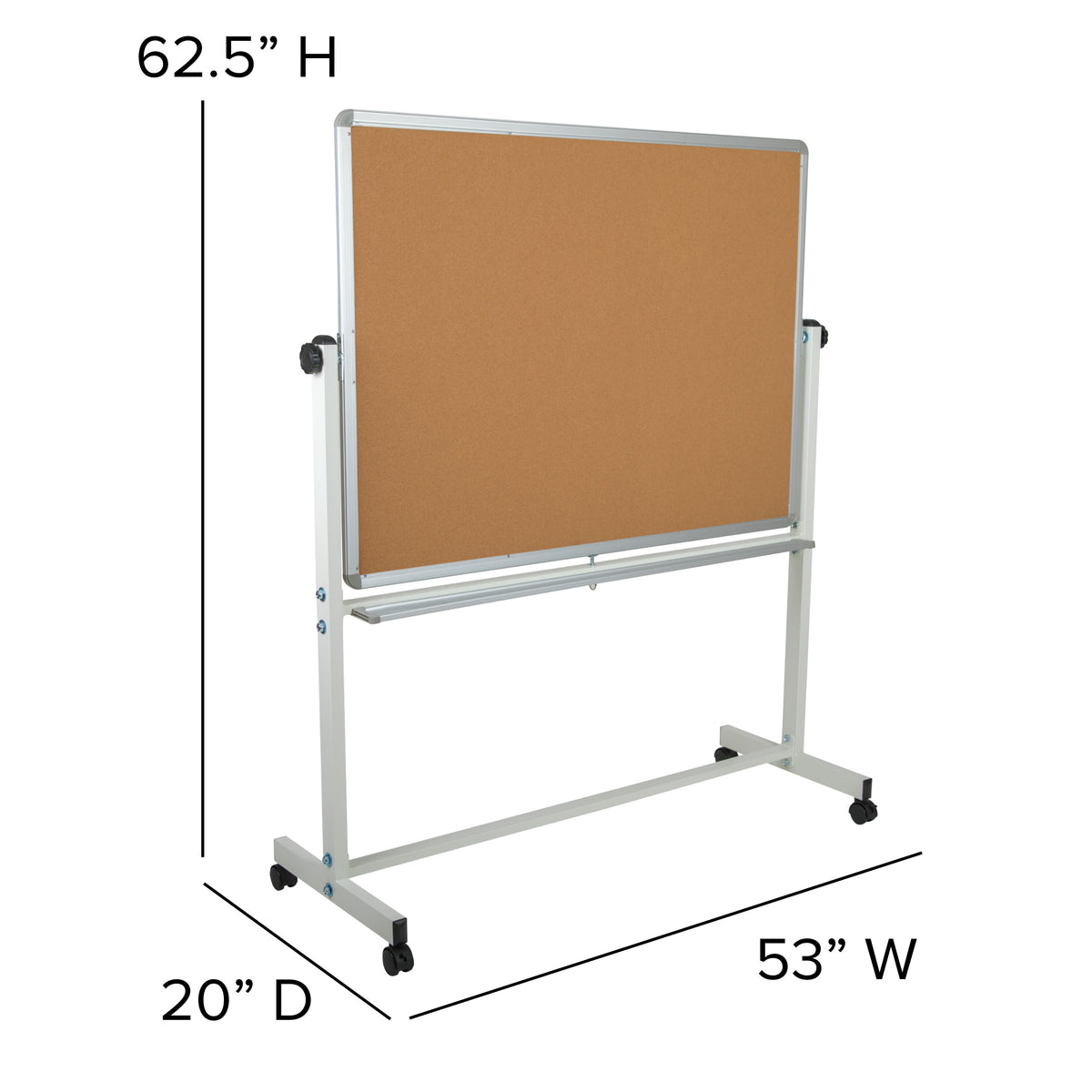 53"W x 62.5"H |#| 53"W x 62.5"H Reversible Mobile Cork Bulletin & White Board with Pen Tray